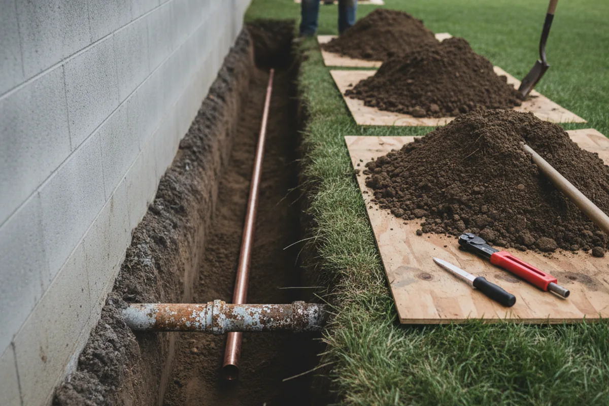Excavated water line trench during Water Softener Installation in Greenacres